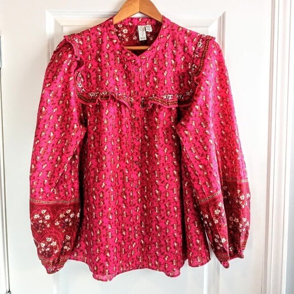 Joie Tops - Joie Magenta Pink Cotton Ruffled Peasant Tunic Top